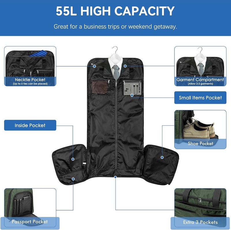 Bukere Garment Bags for Travel, Large Convertible Garment Duffel Bag for Men Women, Shoe Compartment, 2 in 1 Hanging Dress Suitcase Suit Travel Bags - Image 3